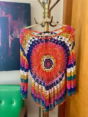 VENUS Multicolor Crochet Open-Knit Top with Bright Orange Medallion